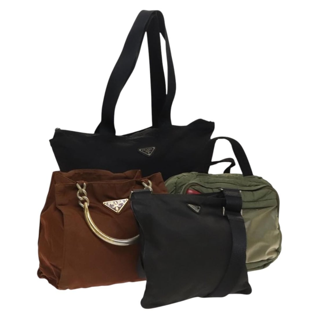 PRADA Nylon Shoulder Bag Black Khaki Brown Authentic 4Set: PRADA Nylon Shoulder Bag Black Khaki Brown Authentic 4Set This PRADA shoulder bag is a stylish accessory crafted from durable nylon, featuring a striking combination of black, khaki, and brown hues. I