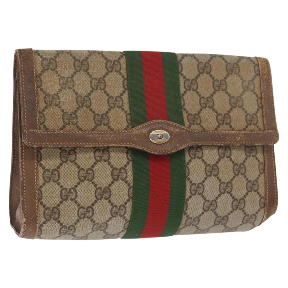 Beige PVC Leather GG Supreme Sherry Line Gucci Clutch 89 01 006: Beige PVC Leather GG Supreme Sherry Line Gucci Clutch 89 01 006 This is a GUCCI GG Supreme Web Sherry Line clutch bag crafted from beige and gold PVC leather with GG canvas detailing. Designed in a co