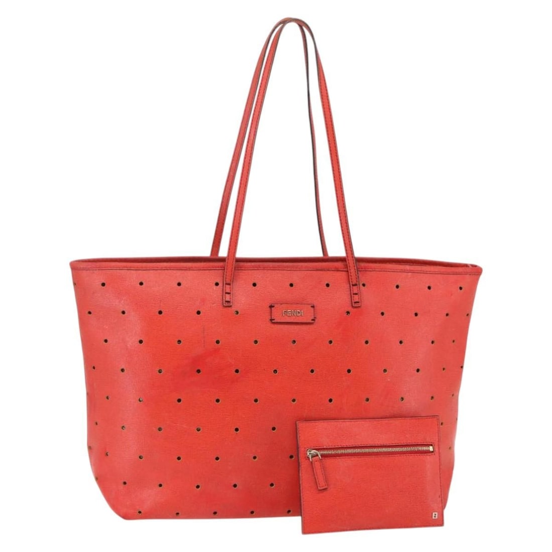 FENDI Orange Gold Leather Tote Bag with Pouch Made in Italy: FENDI Orange Gold Leather Tote Bag with Pouch Made in Italy This FENDI tote bag is crafted from high-quality leather in a vibrant orange and gold color combination. Originating from Italy, this stylis