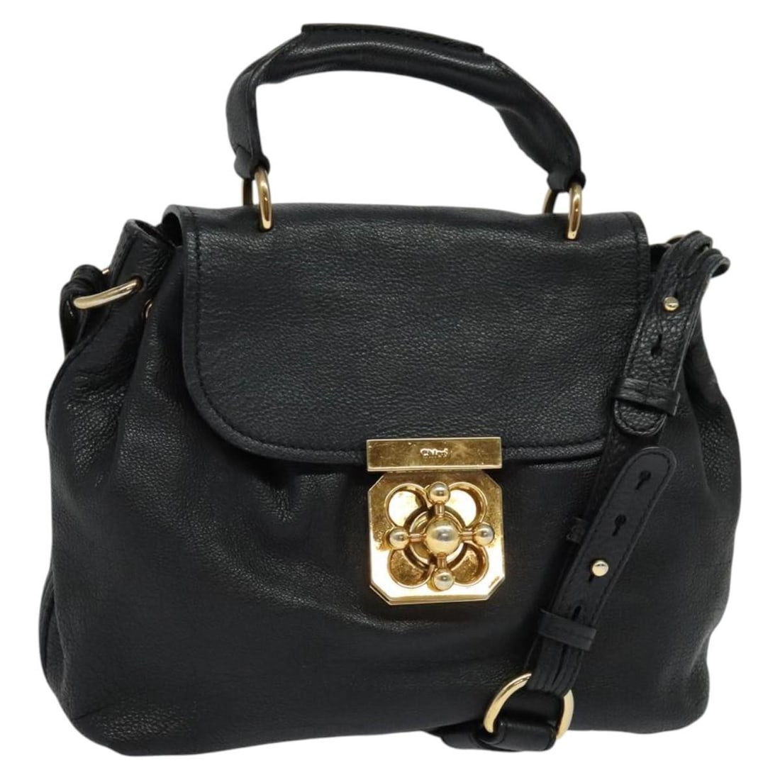 Chloe Elsie Leather Hand Bag Black Gold 2-Way Auth BA1626: Chloe Elsie Leather Hand Bag Black Gold 2-Way Auth BA1626 This Chloe Elsie Hand Bag combines elegance and practicality with its chic black and gold leather design. Crafted in Hungary, this stylish han