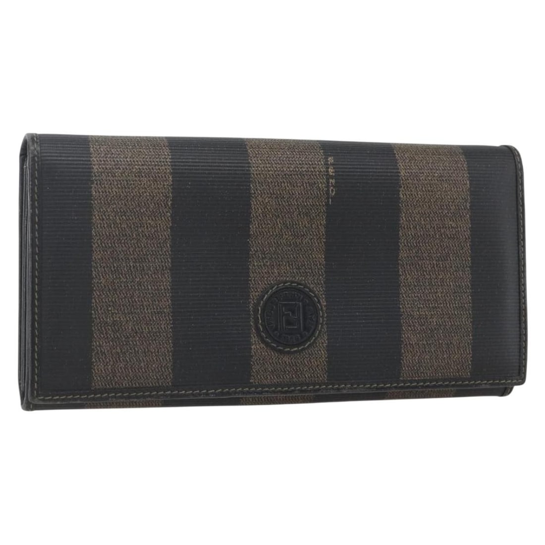 Fendi Long Wallet Black Brown Pequin Canvas PVC Leather Italy: Fendi Long Wallet Black Brown Pequin Canvas PVC Leather Italy This FENDI long wallet features a combination of black and brown Pequin canvas with PVC leather accents. The wallet is designed with a but