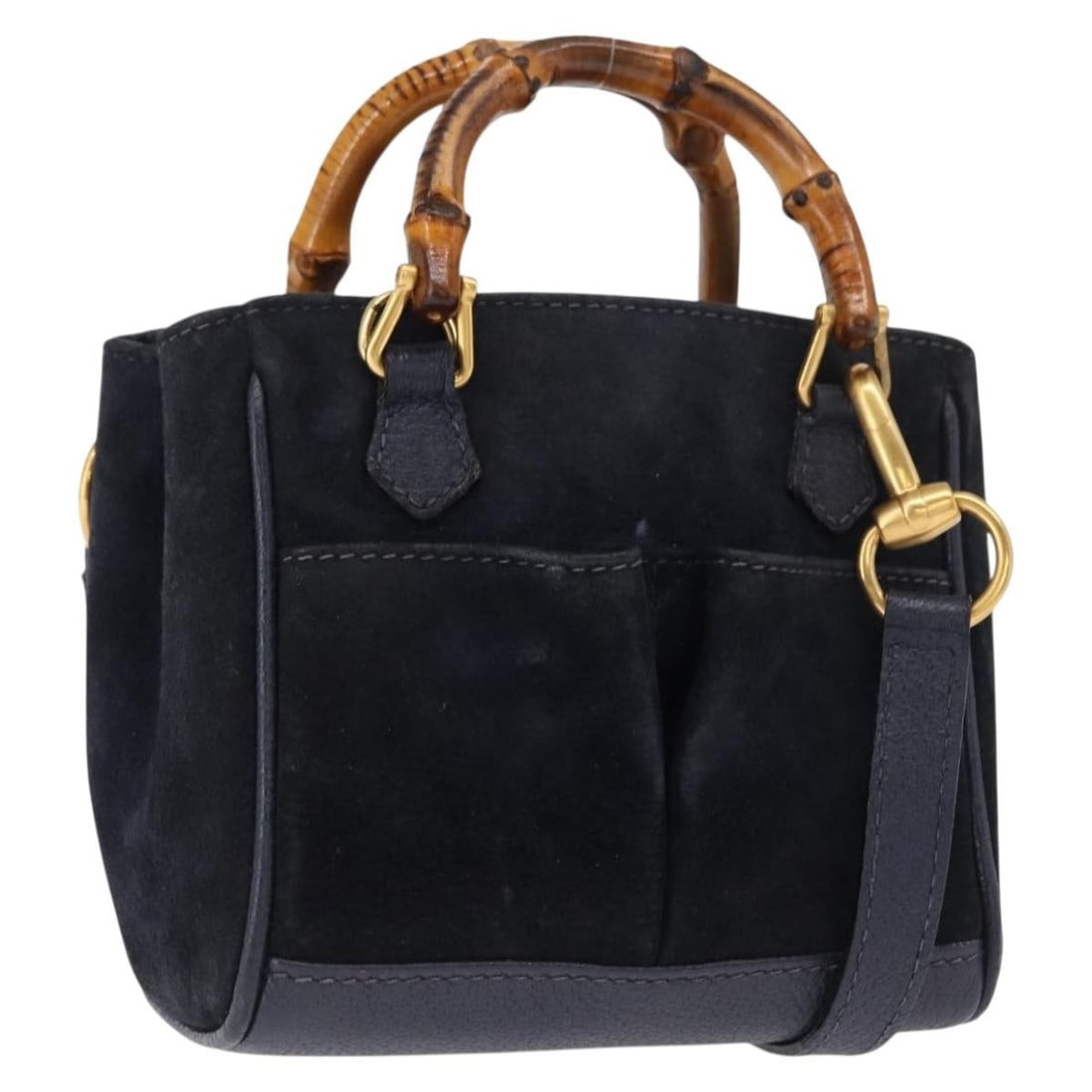 Gucci Navy Suede Bamboo Handbag 2way with Gold Accents 00717930238: Gucci Navy Suede Bamboo Handbag 2way with Gold Accents 00717930238 This Gucci Bamboo handbag features a navy suede exterior accented with gold hardware. Designed with both a short handle and a detacha
