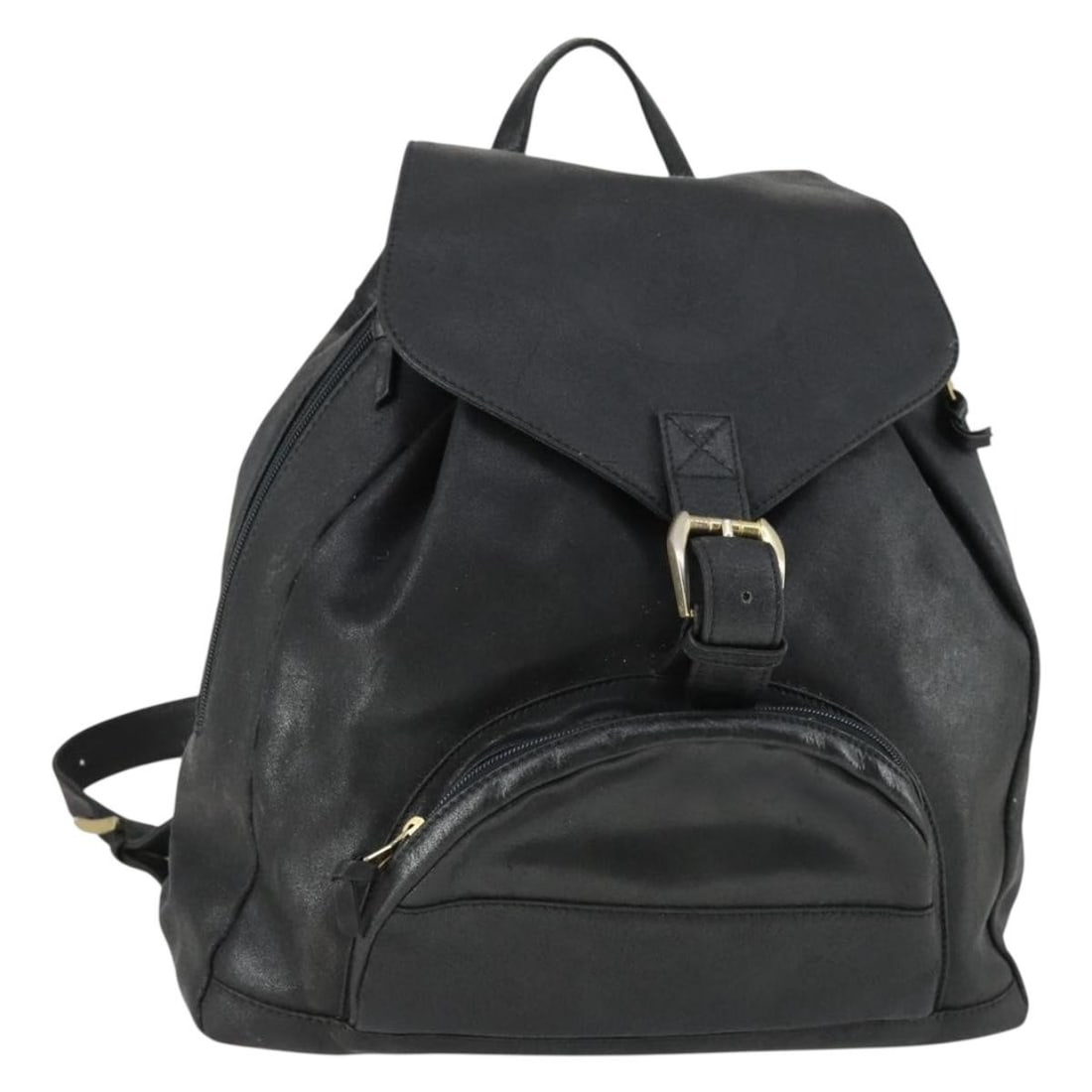 Black Leather Backpack by Gianni Versace with Gold Accents: Black Leather Backpack by Gianni Versace with Gold Accents This Gianni Versace backpack is crafted from black leather with gold accents. Made in Italy, it features a spacious main compartment and a cl