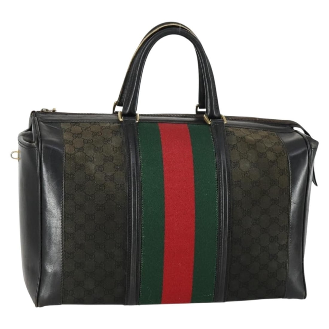 GG Canvas Sherry Web Travel Case in Black and Gold by Gucci: GG Canvas Sherry Web Travel Case in Black and Gold by Gucci This is a Gucci GG Canvas Web Sherry Line travel bag in black and gold. Made in Italy, this travel case features GG canvas exterior, with bl