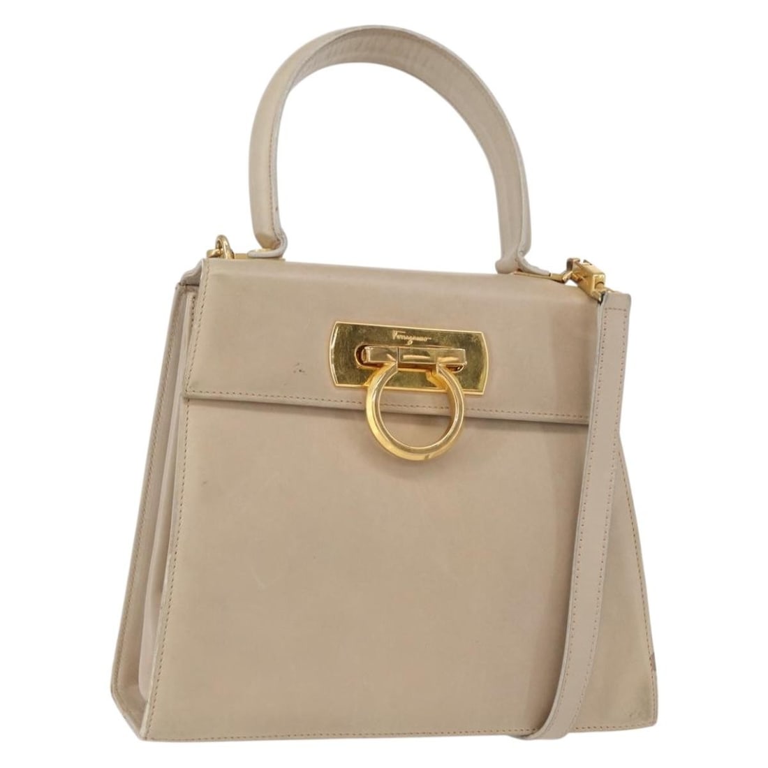 Salvatore Ferragamo Gancini Beige Silver Leather Hand Bag Auth 2way (1 of 18)