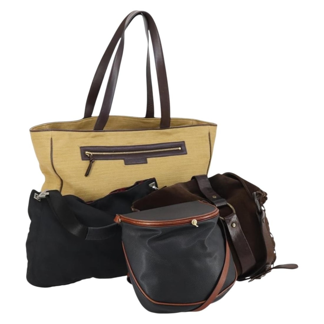 BOTTEGA VENETA Beige Black Green Suede Nylon PVC Shoulder Bag Set of 4 Auth: BOTTEGA VENETA Beige Black Green Suede Nylon PVC Shoulder Bag Set of 4 Auth This stylish Bottega Veneta shoulder bag set features a unique combination of suede, nylon, and PVC materials in a sophistic