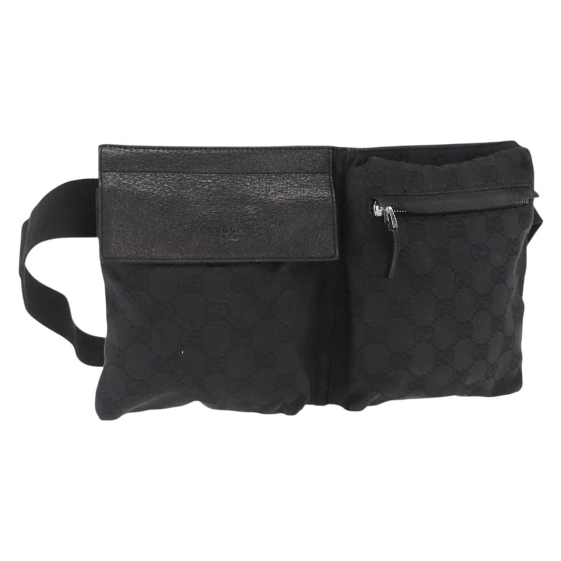 Black GG Canvas Belt Bag by Gucci Model 28566 Silver Accents: Black GG Canvas Belt Bag by Gucci Model 28566 Silver Accents This GUCCI GG Canvas waist bag features a black and silver color scheme and is constructed from signature GG Canvas material. The bag has a