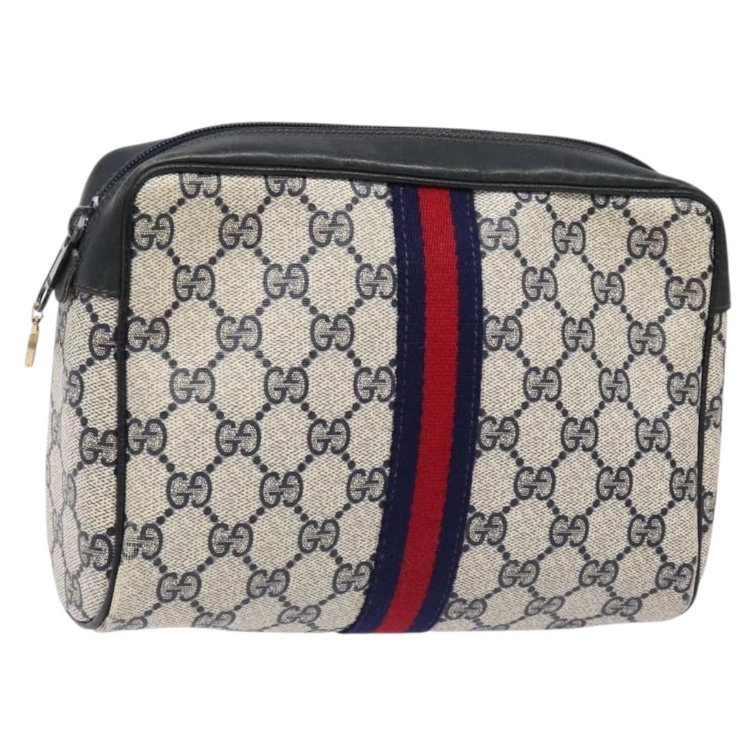 GUCCI GG Supreme Clutch Bag PVC Navy Gold Red Made in Italy: GUCCI GG Supreme Clutch Bag PVC Navy Gold Red Made in Italy This stylish GUCCI GG Supreme Sherry Line Clutch Bag is crafted from high-quality PVC leather, featuring a chic combination of navy, gold, a