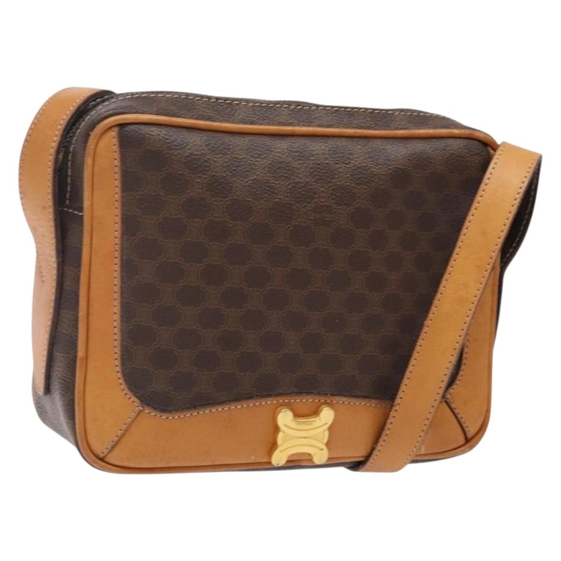 CELINE Macadam PVC Leather Shoulder Bag Brown Gold Italy BA5299: CELINE Macadam PVC Leather Shoulder Bag Brown Gold Italy BA5299 Experience timeless elegance with this CELINE Macadam Canvas Shoulder Bag, crafted in Italy from durable PVC leather. This stylish shoul