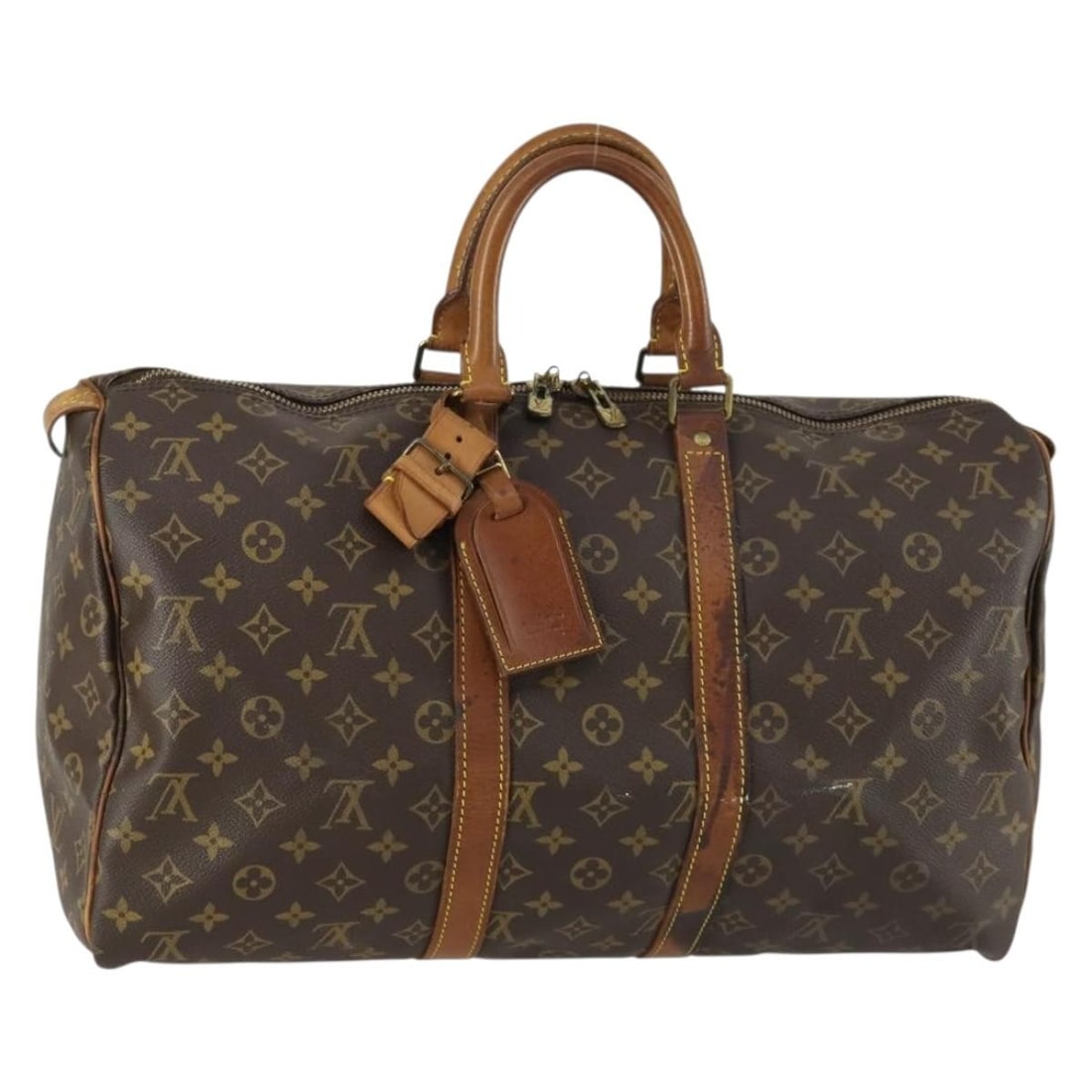 Louis Vuitton Monogram Keepall 45 Canvas Boston Bag M41428 with Name Tag: Louis Vuitton Monogram Keepall 45 Canvas Boston Bag M41428 with Name Tag This Louis Vuitton Monogram Keepall 45 Boston Bag features the signature monogram canvas exterior and is designed in a classic