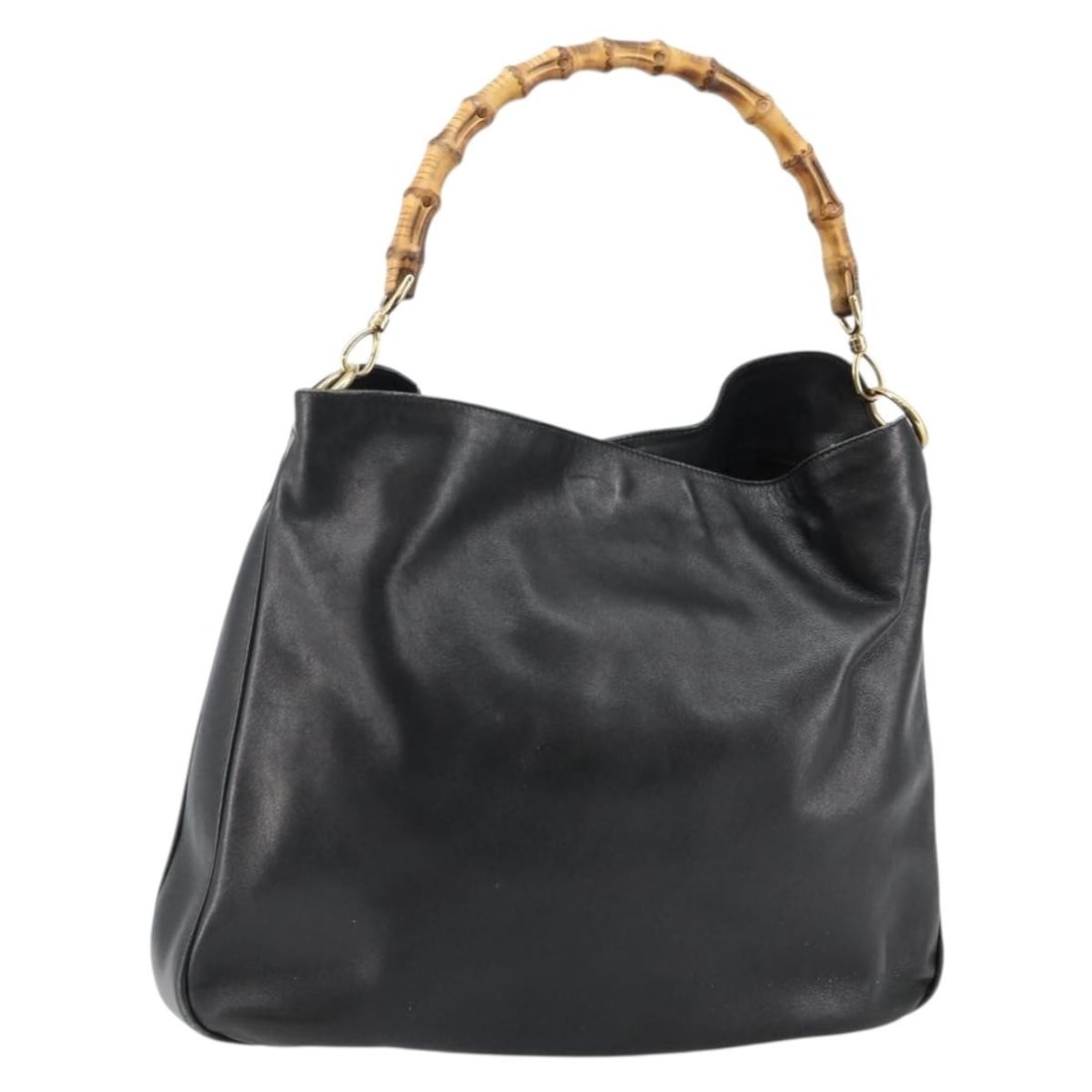 GUCCI Bamboo Hand Bag Leather Black Gold 001 1577 Auth France: GUCCI Bamboo Hand Bag Leather Black Gold 001 1577 Auth France This GUCCI Bamboo Hand Bag exudes elegance with its striking black leather exterior adorned with gold accents. Crafted in France, this sty