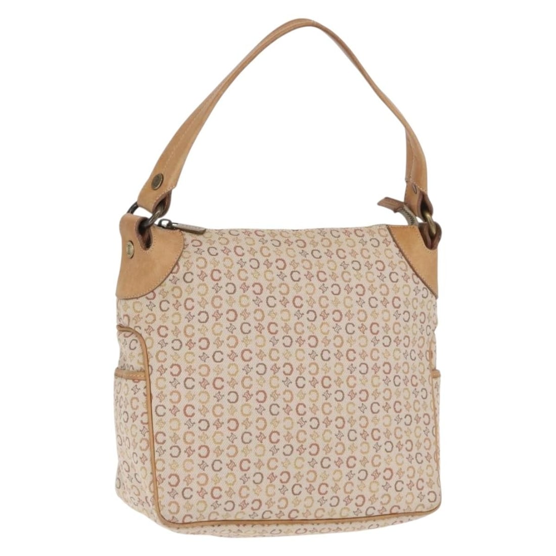Beige Gold C Macadam Canvas CELINE Shoulder Bag Made in Italy: Beige Gold C Macadam Canvas CELINE Shoulder Bag Made in Italy This CELINE C Macadam canvas shoulder bag features a beige and gold color scheme with the distinctive C Macadam pattern. The bag is crafte
