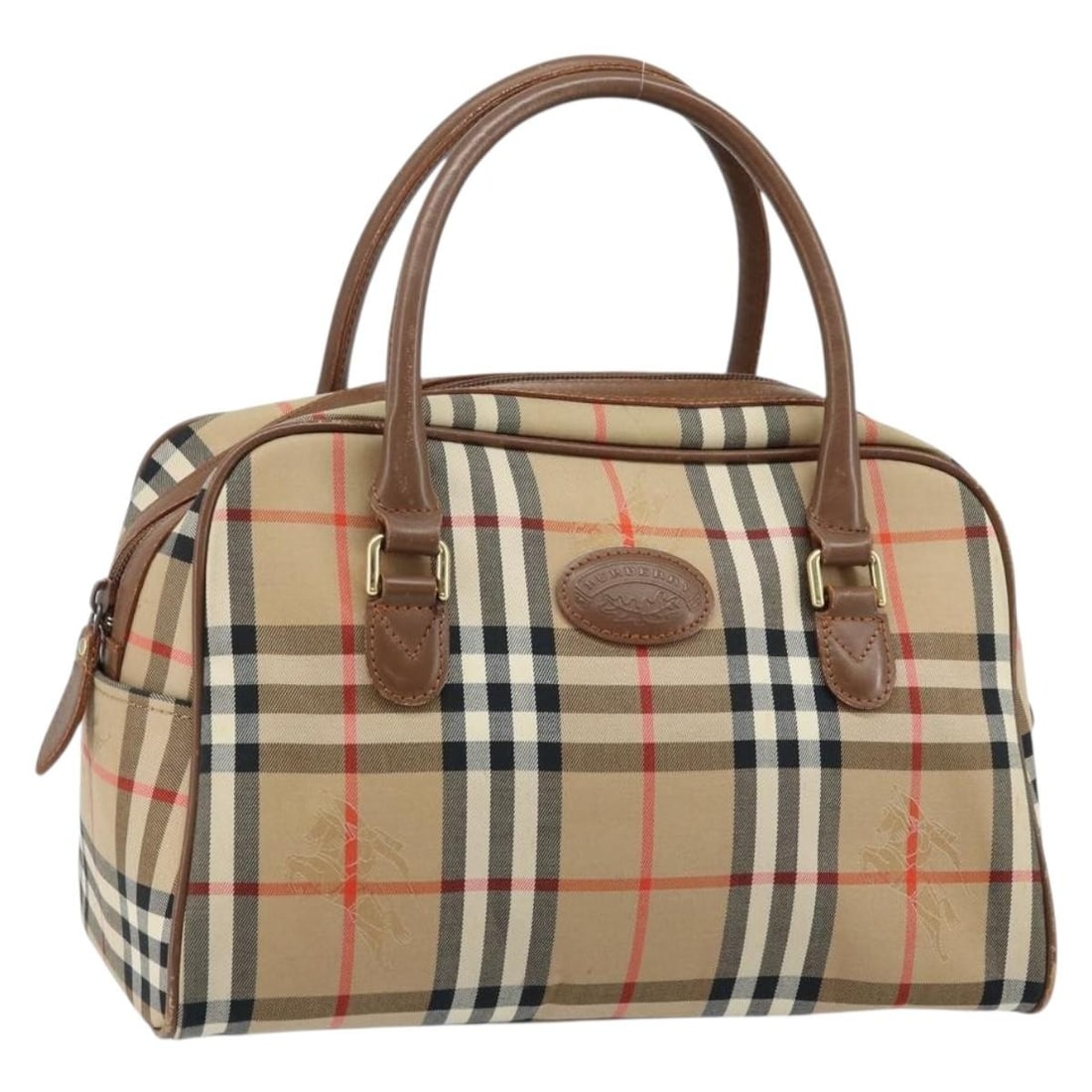 Beige Gold Canvas Boston Bag by Burberry with Leather Accents: Beige Gold Canvas Boston Bag by Burberry with Leather Accents This Burberry Boston Bag features the iconic Nova Check canvas in beige and gold tones. Crafted in Italy, it combines canvas exterior with