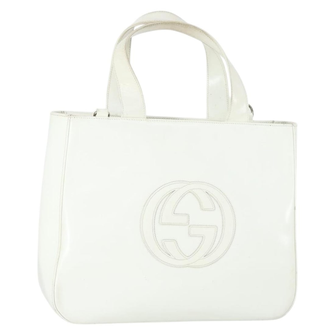 White Patent Leather Gucci Handbag with Top Handle: White Patent Leather Gucci Handbag with Top Handle This Gucci handbag is crafted from white patent leather and made in Italy. It features a structured silhouette with a single top handle, offering a m