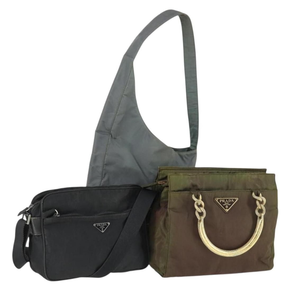 Set of 3 Prada Nylon Shoulder Bags Khaki and Black with Guarantee Card: Set of 3 Prada Nylon Shoulder Bags Khaki and Black with Guarantee Card This PRADA shoulder bag set features three items crafted from durable nylon in khaki and black. Made in Italy, the bags exhibit s