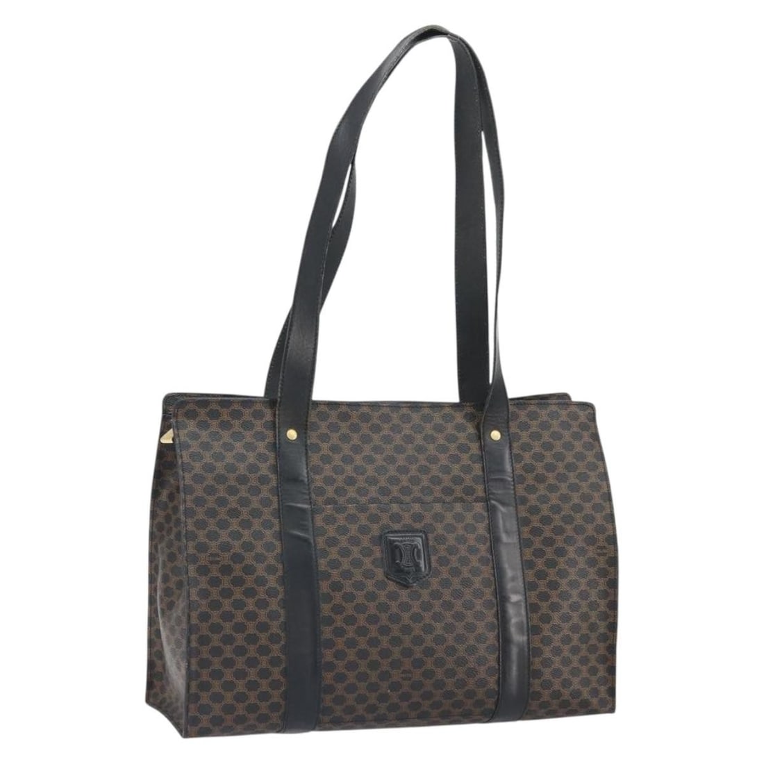 Celine Tote Macadam Canvas Black PVC Leather Gold Tone Bag: Celine Tote Macadam Canvas Black PVC Leather Gold Tone Bag This CELINE Macadam tote bag features a combination of PVC leather and canvas in black and gold tones. The bag is made in Italy and showcases