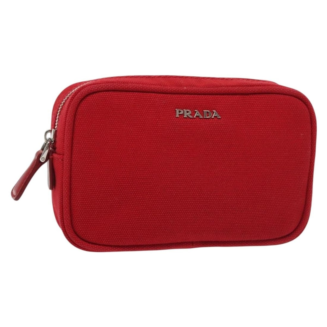 PRADA Red Silver Canvas Pouch Made in Italy Auth AM8913: PRADA Red Silver Canvas Pouch Made in Italy Auth AM8913 This PRADA pouch is a stylish accessory crafted from high-quality canvas, featuring a striking red and silver color combination. With dimensions
