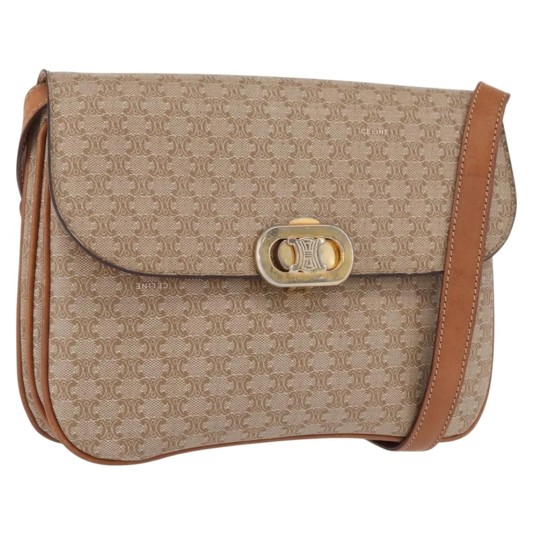 Beige Macadam Canvas PVC Shoulder Bag by CELINE with Gold Accents: Beige Macadam Canvas PVC Shoulder Bag by CELINE with Gold Accents This CELINE shoulder bag features the iconic Macadam canvas with beige and gold tones, crafted from PVC leather. The bag is made in It