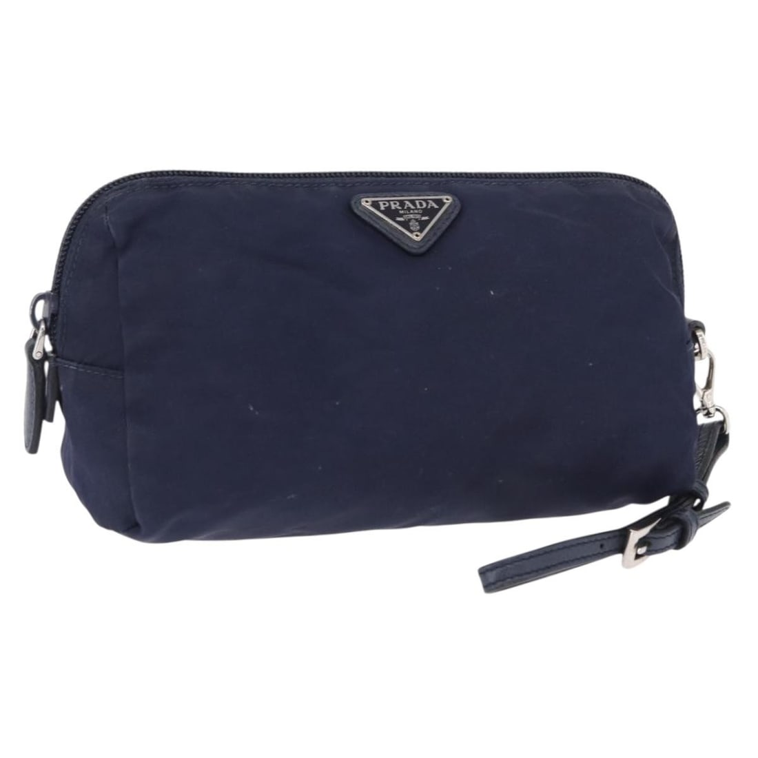 Navy Nylon Pouch by PRADA with Silver Accents Made in Italy: Navy Nylon Pouch by PRADA with Silver Accents Made in Italy This PRADA pouch is crafted from navy nylon with silver-tone accents. Made in Italy, it features a compact design and is suitable for organi