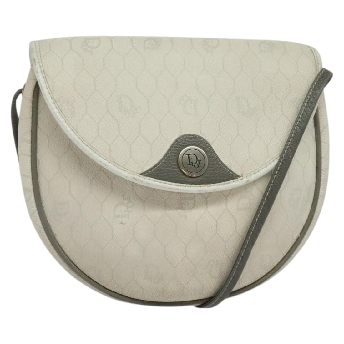Christian Dior White Gold Honeycomb Canvas Shoulder Bag PVC BA5312: Christian Dior White Gold Honeycomb Canvas Shoulder Bag PVC BA5312 This Christian Dior shoulder bag features a stylish honeycomb canvas design with PVC leather, showcasing a chic white and gold color