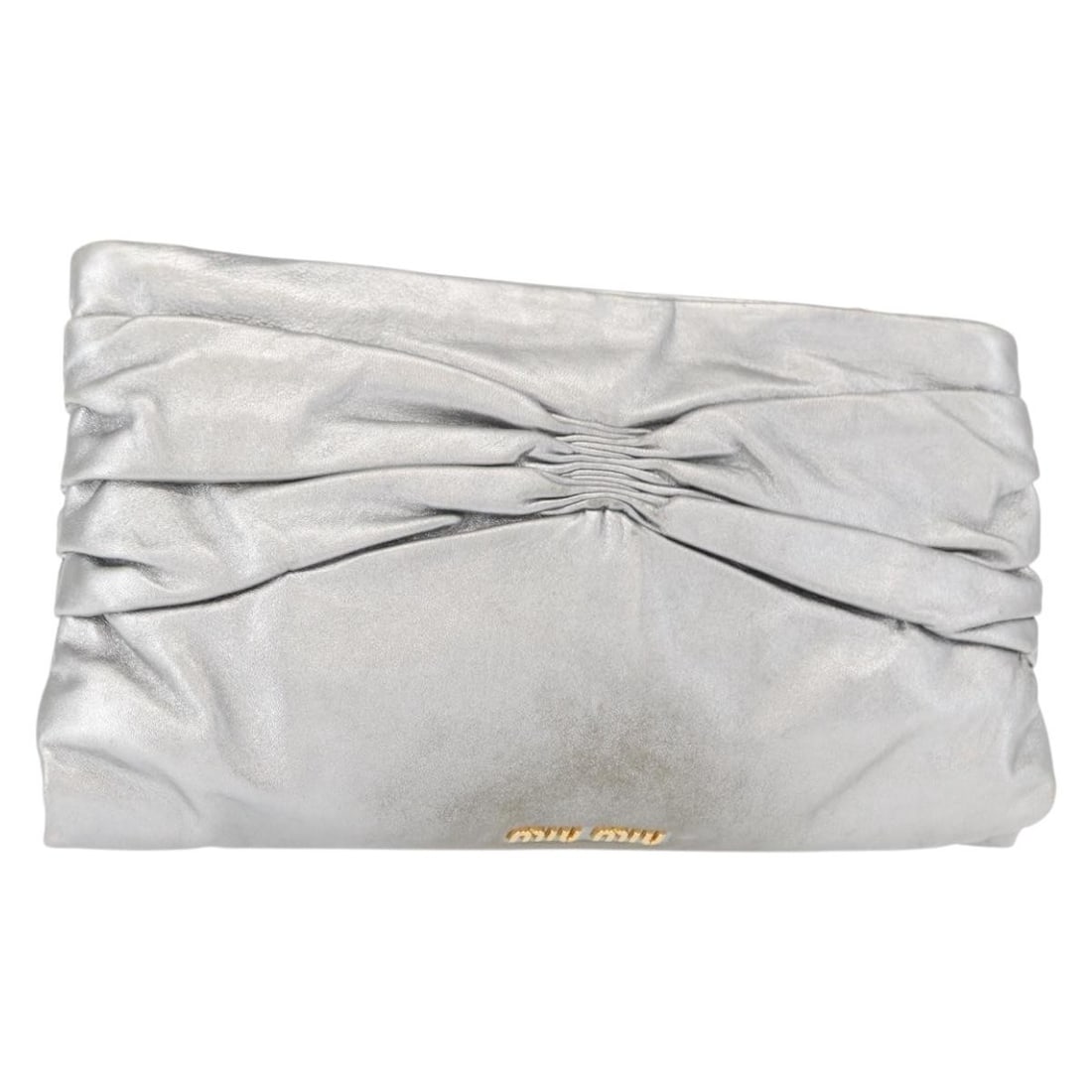 Miu Miu Leather Clutch Bag Silver Gold Auth 155407: Miu Miu Leather Clutch Bag Silver Gold Auth 155407 This Miu Miu Clutch Bag is crafted from high-quality leather in a stunning silver and gold color combination. With approximate dimensions of 12.2 inc