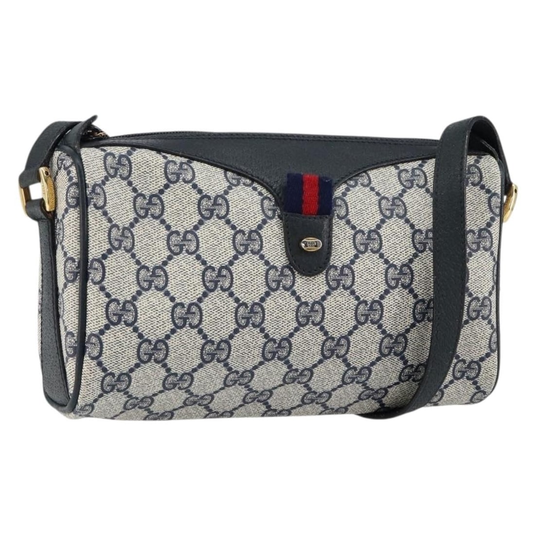 GUCCI GG Supreme Sherry Line Shoulder Bag Navy Gold Red PVC 89 02 018 Auth: GUCCI GG Supreme Sherry Line Shoulder Bag Navy Gold Red PVC 89 02 018 Auth This authentic GUCCI GG Supreme Sherry Line Bag is a stylish shoulder bag crafted from durable PVC leather, featuring an eye-