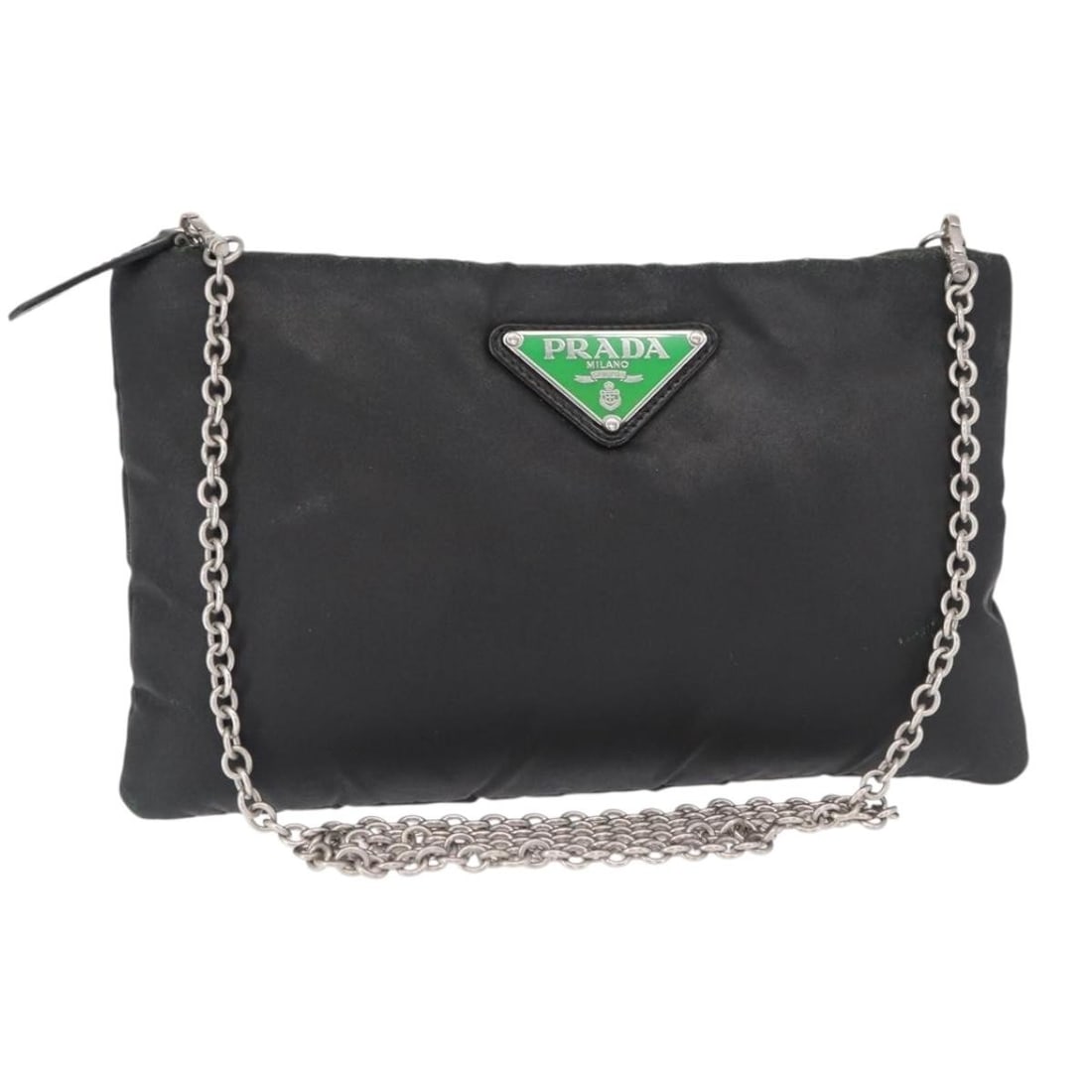 PRADA Black Silver Nylon Chain Shoulder Bag Auth 156386 Made in Italy: PRADA Black Silver Nylon Chain Shoulder Bag Auth 156386 Made in Italy This PRADA Chain Shoulder Bag is a stylish accessory crafted from durable nylon, featuring a sleek black and silver color combinat