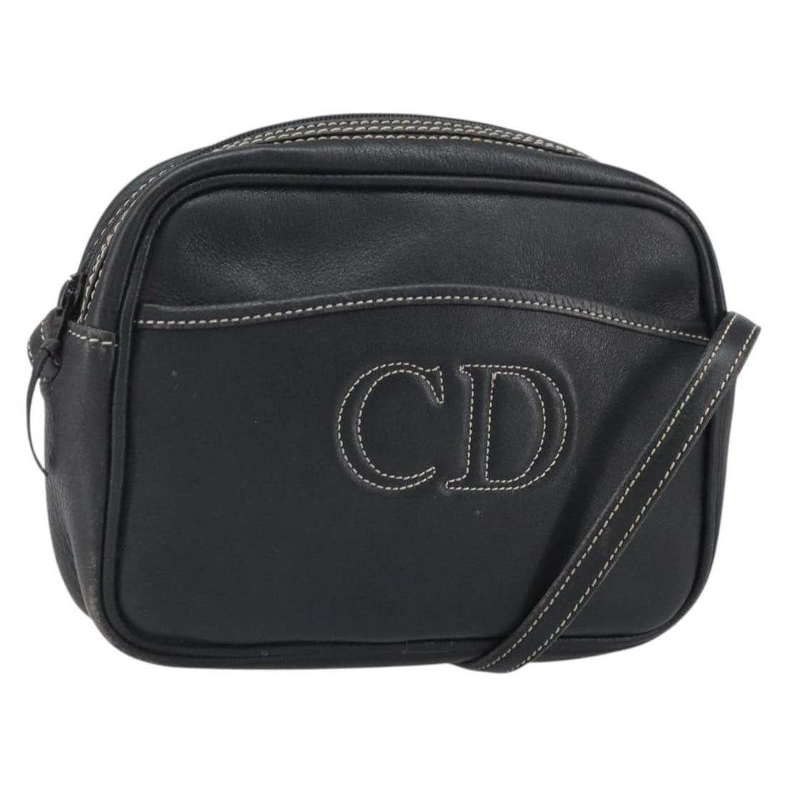 Navy Leather Shoulder Bag by Christian Dior with Gold Accents: Navy Leather Shoulder Bag by Christian Dior with Gold Accents This Christian Dior shoulder bag is crafted from navy leather with gold-tone accents. The bag features a compact design with approximate d