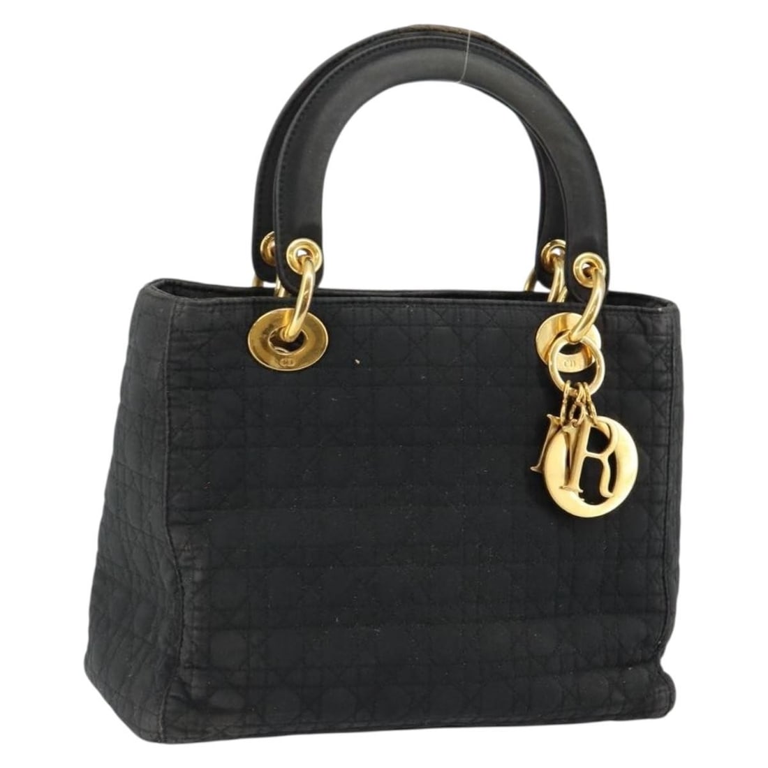 Christian Dior Lady Dior Black Gold Nylon Hand Bag Auth BA7086: Christian Dior Lady Dior Black Gold Nylon Hand Bag Auth BA7086 The Christian Dior Lady Dior Canage Hand Bag is a luxurious accessory crafted in Italy. Made from durable nylon, this bag showcases a stu