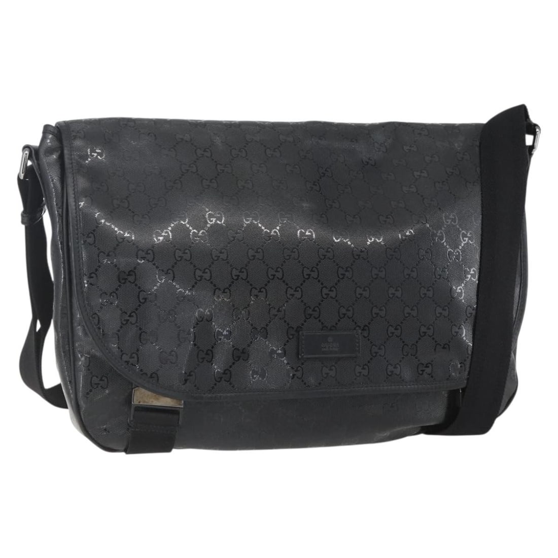 GUCCI GG Coated Canvas Shoulder Bag Black Silver 201725 Auth: GUCCI GG Coated Canvas Shoulder Bag Black Silver 201725 Auth This GUCCI GG Implementation Shoulder Bag is crafted in Italy from high-quality coated canvas, featuring a sophisticated black and silver c