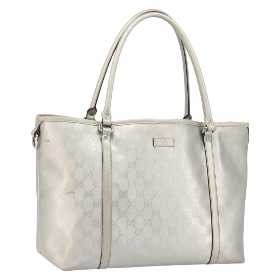Gucci 197953 Silver Tote Bag in PVC Leather and GG Canvas: Gucci 197953 Silver Tote Bag in PVC Leather and GG Canvas This is a GUCCI GG Implementation tote bag crafted from durable PVC leather and GG canvas in a stylish silver color. Designed as a spacious to