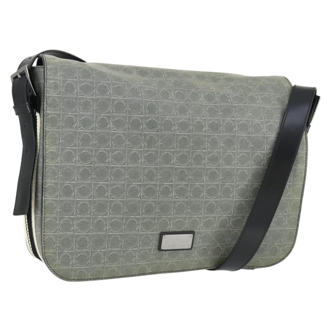 Ferragamo Gancini Gray PVC Leather Shoulder Bag Silver Hardware: Ferragamo Gancini Gray PVC Leather Shoulder Bag Silver Hardware This Salvatore Ferragamo Gancini shoulder bag features a gray and silver PVC leather exterior with a signature Gancini design. The bag i