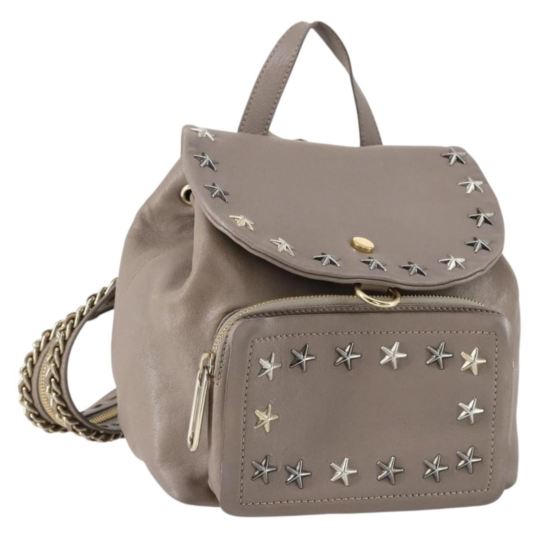 Jimmy Choo Beige Gold Leather Studs Backpack BA7708: Jimmy Choo Beige Gold Leather Studs Backpack BA7708 This Jimmy Choo Studs Backpack exudes sophistication with its luxurious beige and gold leather exterior. Crafted in Italy, this stylish backpack fea