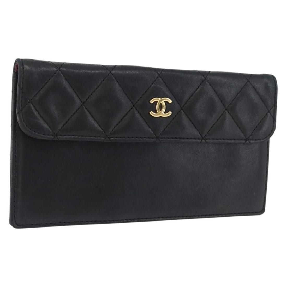 Chanel Lambskin Black and Gold Pouch with CC Logo Accent: Chanel Lambskin Black and Gold Pouch with CC Logo Accent This CHANEL pouch features a black and gold lambskin exterior, accented by gold-tone CC detailing. Made in France, it offers a compact and prac