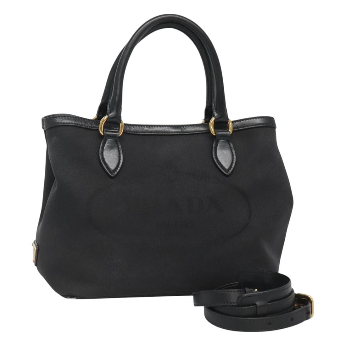 PRADA Black Gold Canvas Hand Bag 2way Auth 125699: PRADA Black Gold Canvas Hand Bag 2way Auth 125699 This PRADA hand bag combines elegant design with practical functionality. Crafted from durable canvas in a stylish black and gold color scheme, it fea