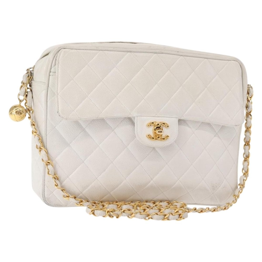 CHANEL Matelasse Caviar Shoulder Bag White Gold Authentic 148356: CHANEL Matelasse Caviar Shoulder Bag White Gold Authentic 148356 This CHANEL Matelasse Chain Shoulder Bag is crafted from luxurious grained caviar skin in a stunning white and gold color combination.