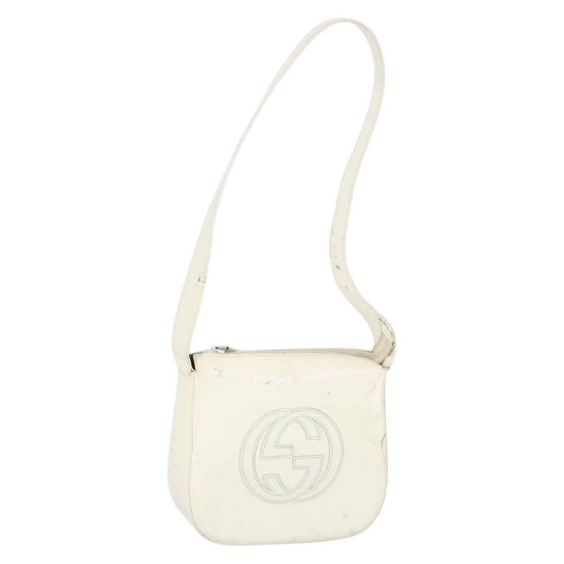 White Patent Leather 007 3184 0250 Shoulder Bag by Gucci: White Patent Leather 007 3184 0250 Shoulder Bag by Gucci This Gucci shoulder bag features a white and silver patent leather exterior and is crafted in Italy. The bag is designed with a compact silhoue