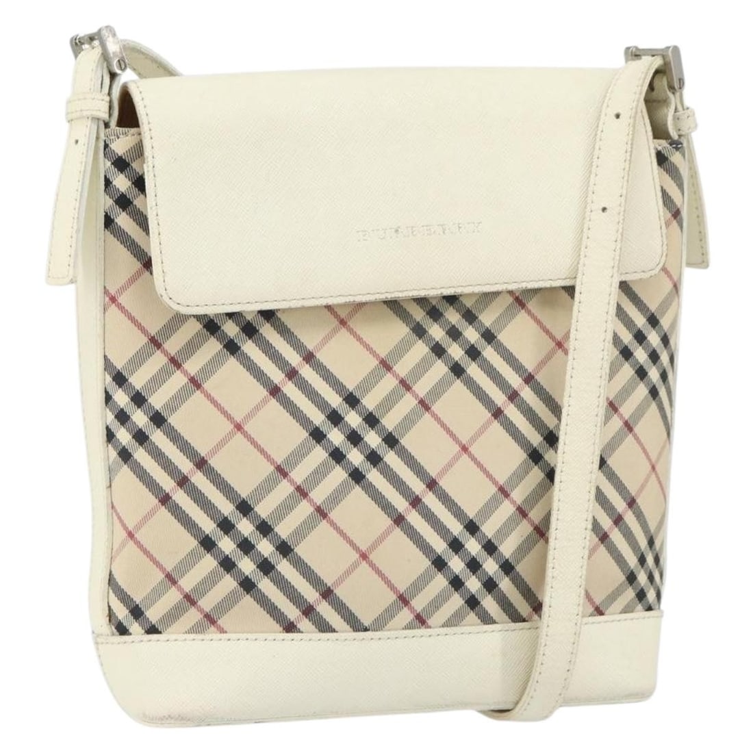 Burberry Beige Canvas and Leather Nova Check Shoulder Purse: Burberry Beige Canvas and Leather Nova Check Shoulder Purse This Burberry Nova Check shoulder bag features a beige and silver canvas exterior with leather accents. The bag has a shoulder strap with an