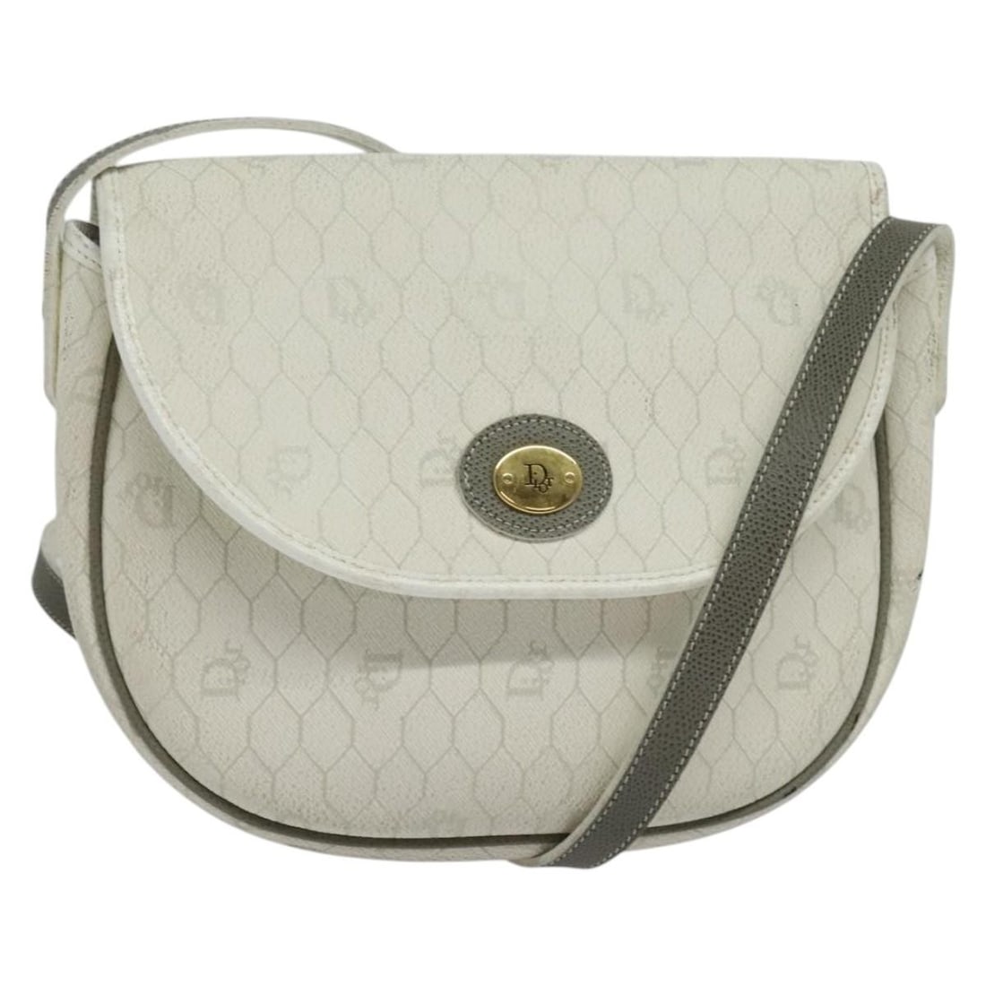 Christian Dior Honeycomb Canvas PVC Shoulder Bag White Gold Made in France: Christian Dior Honeycomb Canvas PVC Shoulder Bag White Gold Made in France This Christian Dior Honeycomb Canvas Shoulder Bag is a stylish accessory crafted from durable PVC leather in a chic white and