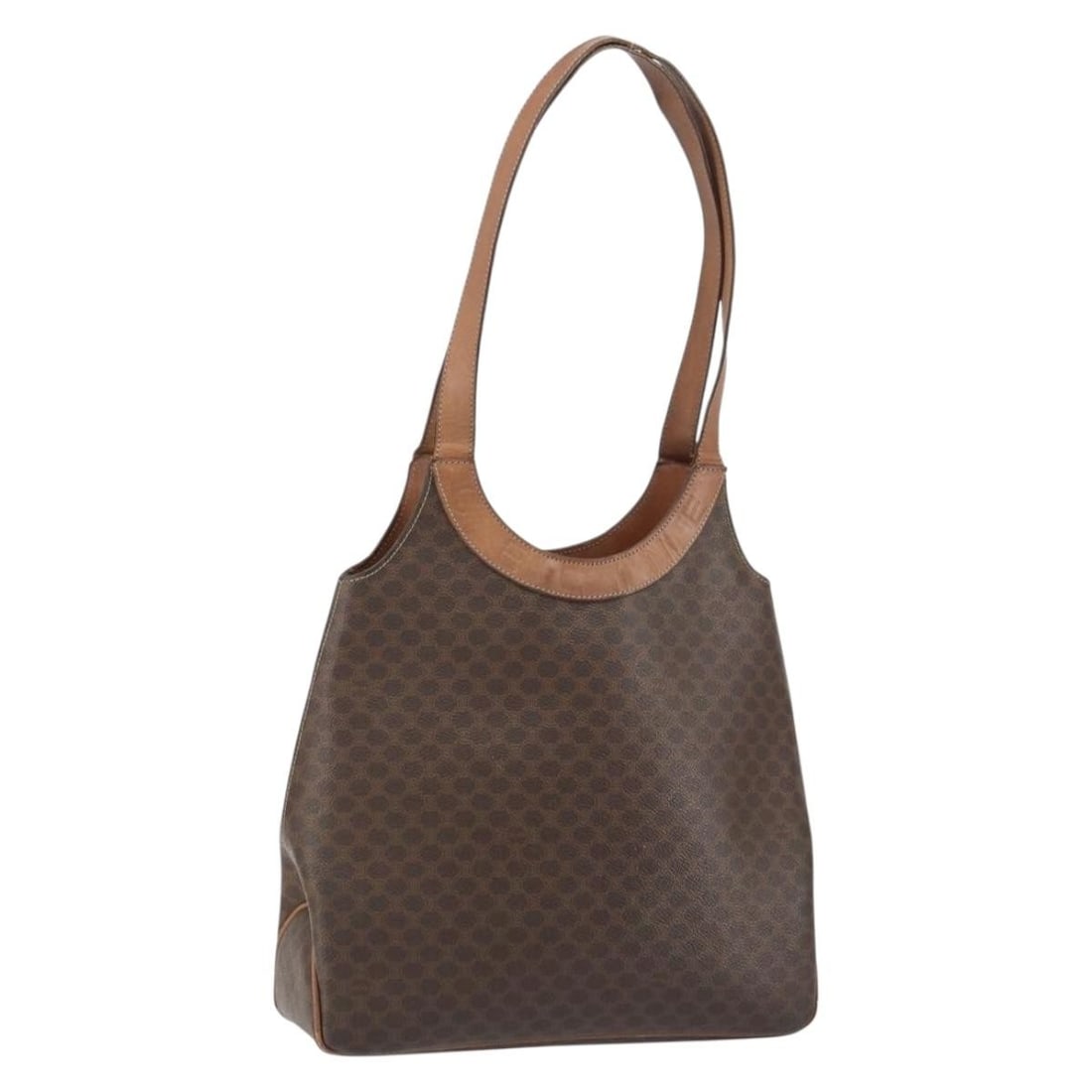 CELINE Brown Gold Macadam Canvas Tote Bag PVC Leather Auth F/97: CELINE Brown Gold Macadam Canvas Tote Bag PVC Leather Auth F/97 This Celine Macadam Canvas Tote Bag combines elegance with practicality, featuring a stylish brown and gold color scheme. Crafted from d