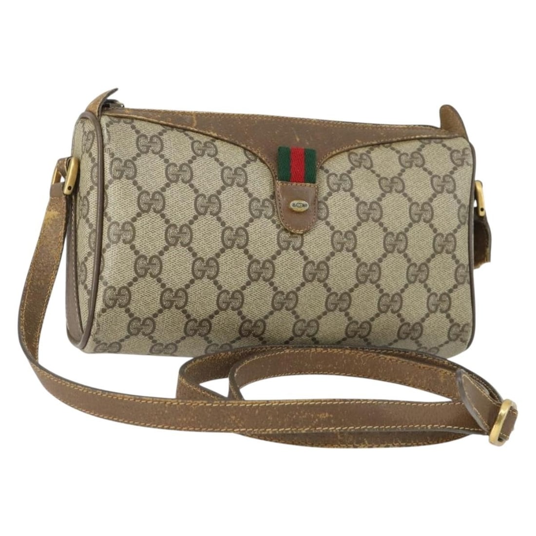 Beige Gold Gucci GG Supreme PVC Leather Shoulder Bag 89 02 018: Beige Gold Gucci GG Supreme PVC Leather Shoulder Bag 89 02 018 This Gucci GG Supreme Web Sherry Line shoulder bag features beige and gold PVC leather with GG canvas accents. It has a compact rectangul