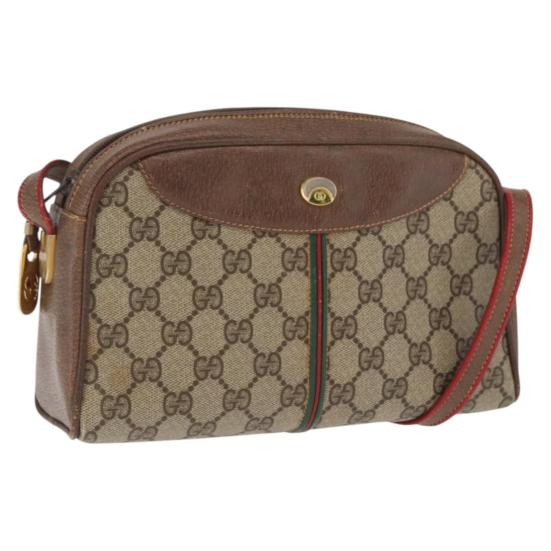 GUCCI 001 261 1086 GG Supreme Web Sherry Line Shoulder Bag Beige Gold PVC: GUCCI 001 261 1086 GG Supreme Web Sherry Line Shoulder Bag Beige Gold PVC This Gucci GG Supreme Web Sherry Line shoulder bag features a beige and gold color scheme crafted from PVC leather and GG canv