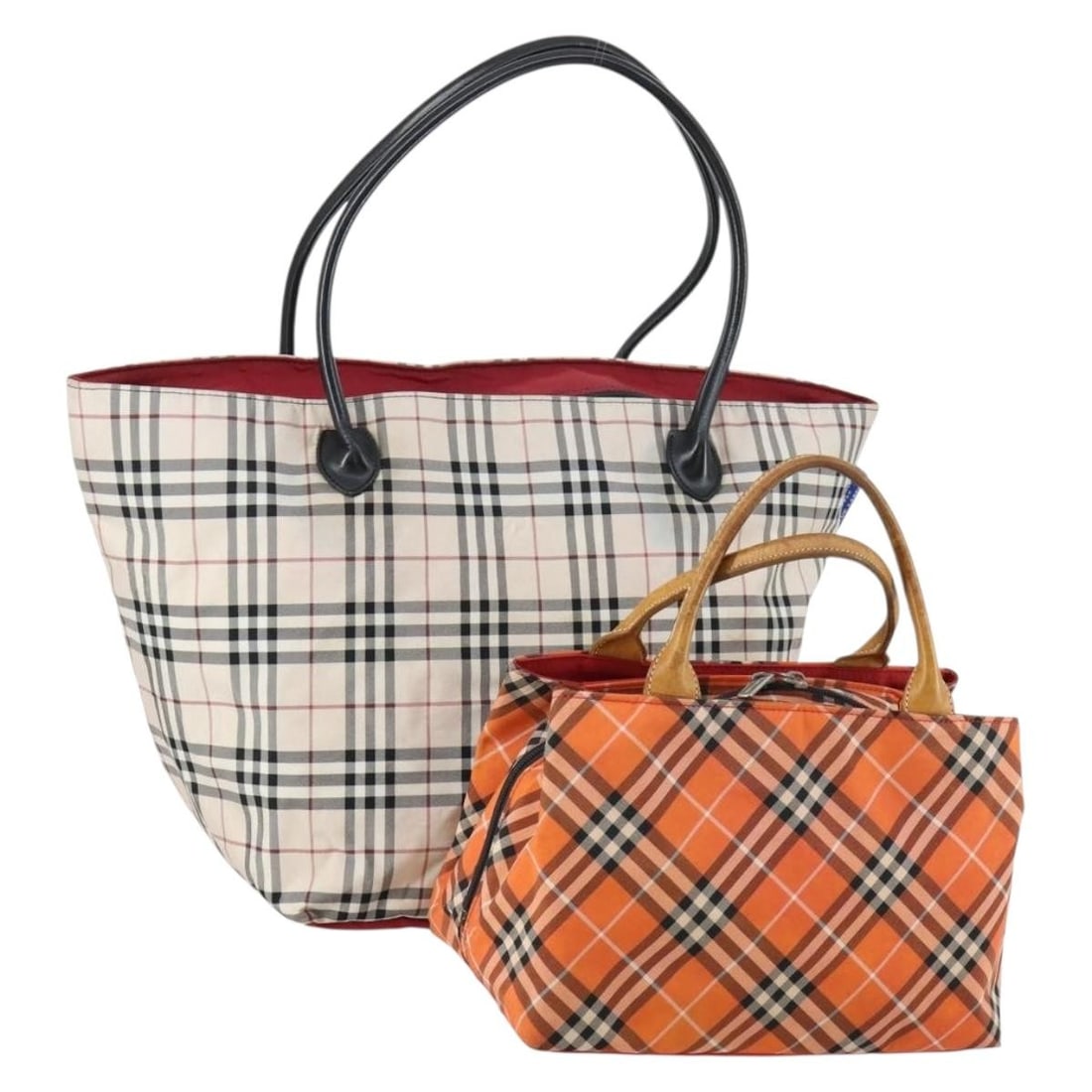 Two-Piece Burberry Blue Label Nylon Hand Bag Set Orange Beige Nova Check: Two-Piece Burberry Blue Label Nylon Hand Bag Set Orange Beige Nova Check This set includes two Burberry nylon handbags featuring the iconic Nova Check pattern in orange and beige. Both bags are made i