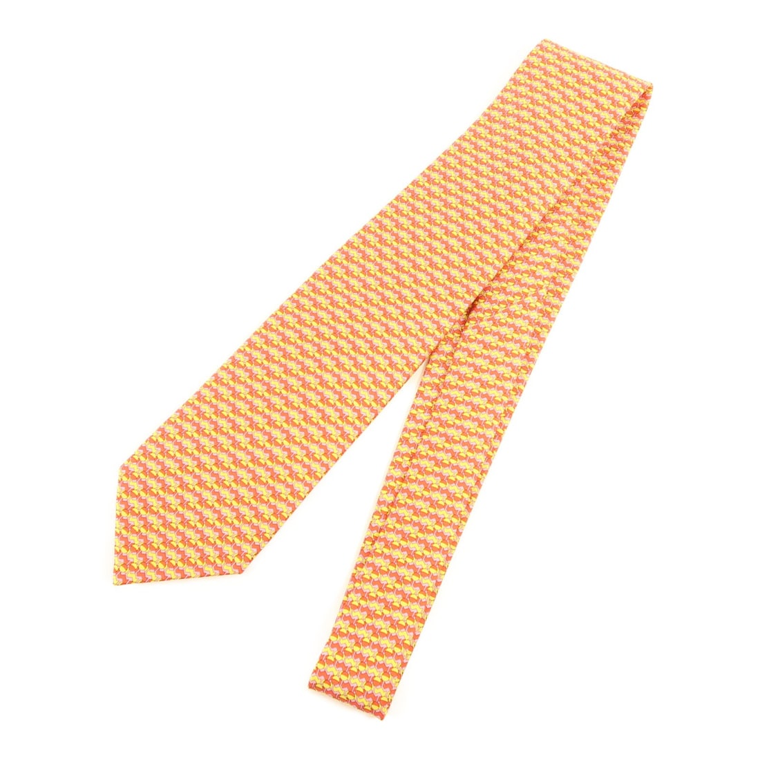HERMES Silk Necktie Red Yellow Pink Made in France: HERMES Silk Necktie Red Yellow Pink Made in France This elegant HERMES necktie is crafted from luxurious silk, showcasing a vibrant combination of red, yellow, and pink hues. Designed for a regular fi