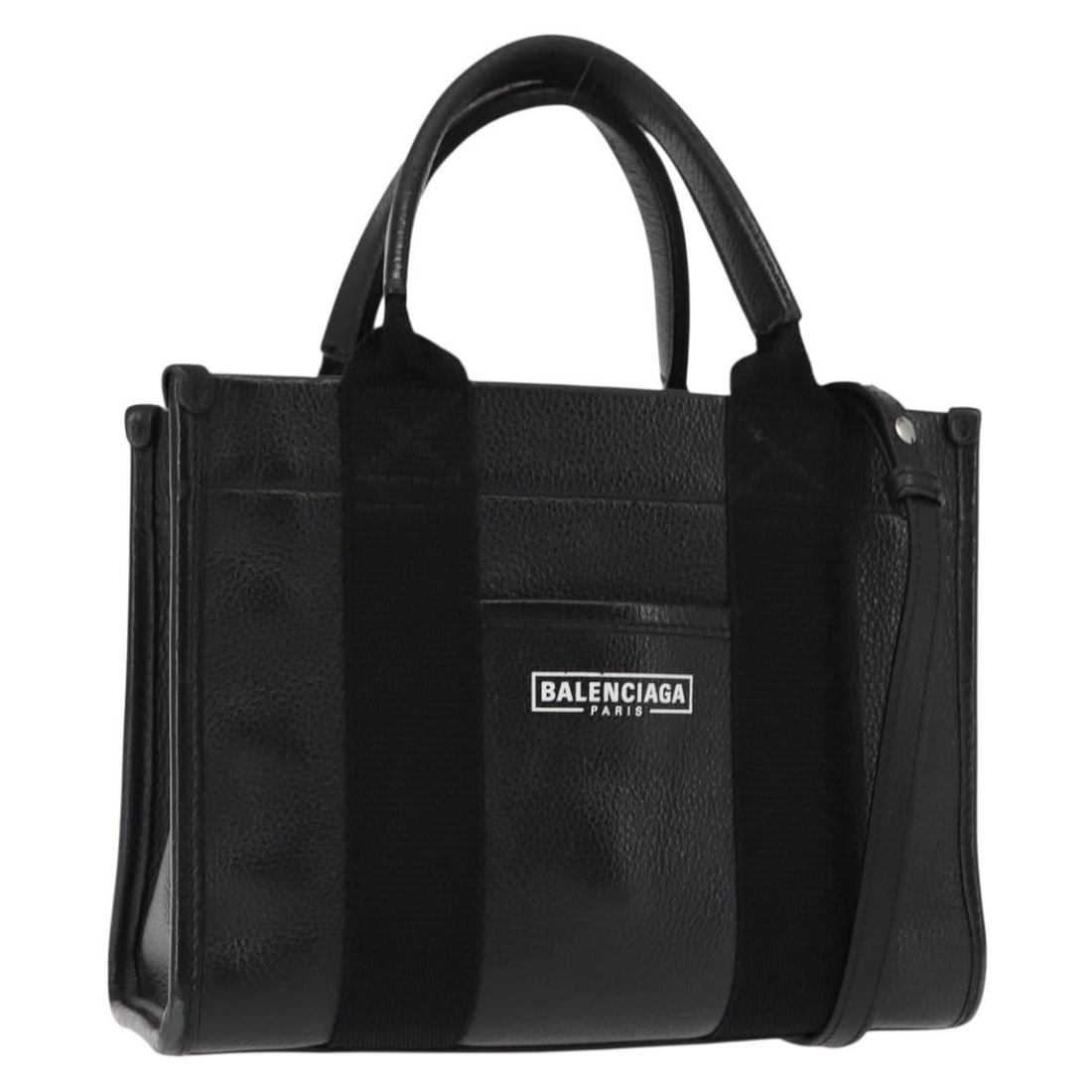 BALENCIAGA Black Leather 2way Hand Bag with Silver Accents: BALENCIAGA Black Leather 2way Hand Bag with Silver Accents Elevate your accessory collection with this authentic BALENCIAGA 2-way Hand Bag, crafted from premium black leather with elegant silver accen