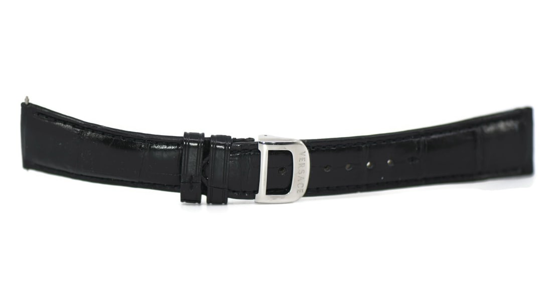 22mm Black Leather Wristwatch Band by Versace: 22mm Black Leather Wristwatch Band by Versace This is a pre-owned Versace wristwatch band made from black leather. The strap is 22mm wide and crafted in Switzerland. It is 100% authentic and designed