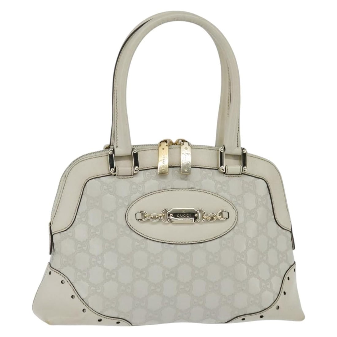 GUCCI GG Canvas Leather Hand Bag White Gold 145785 Authentic: GUCCI GG Canvas Leather Hand Bag White Gold 145785 Authentic This authentic Gucci GG Canvas Guccissima Hand Bag showcases a stylish combination of white leather and gold accents. Crafted in Italy, thi