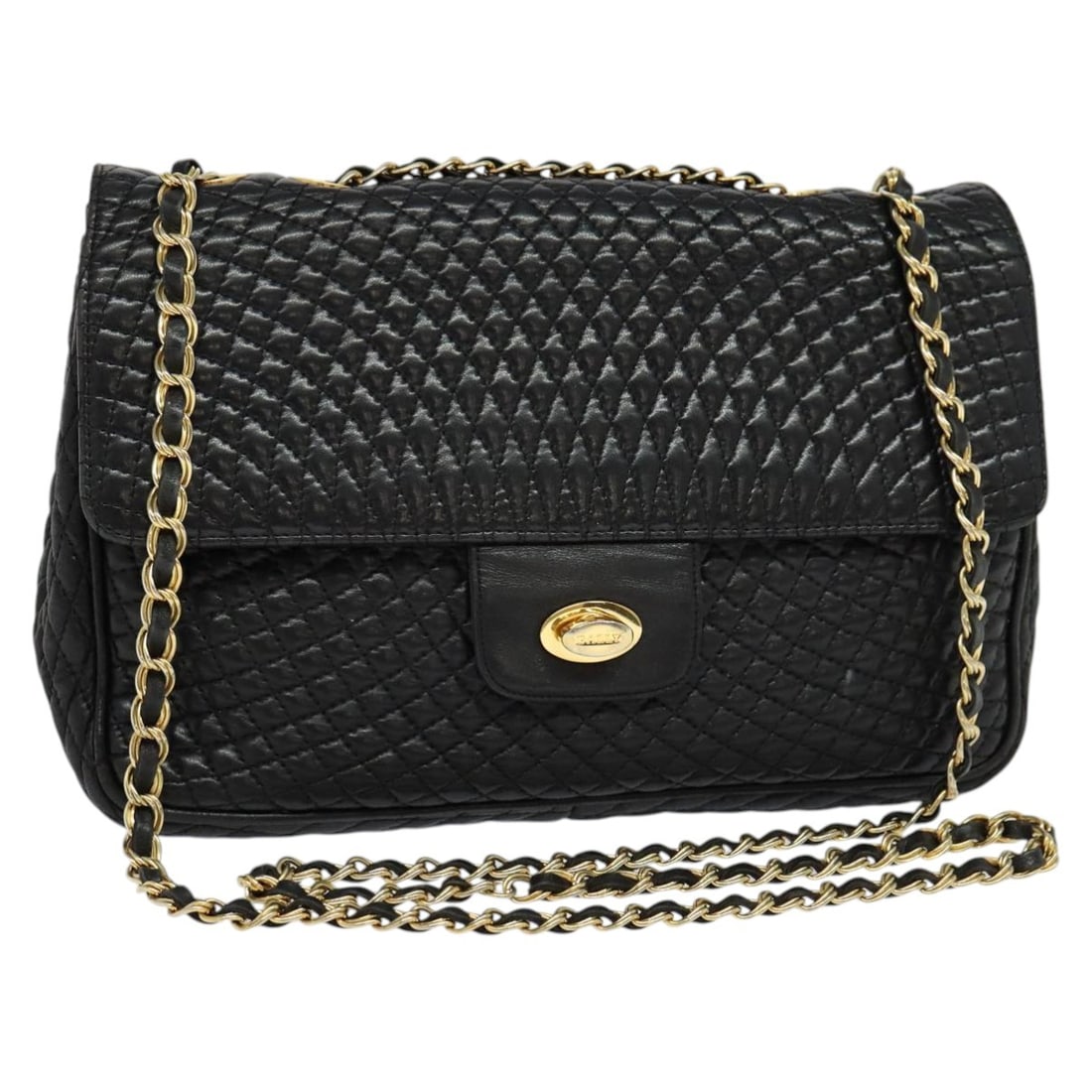 BALLY Black Gold Quilted Chain Leather Shoulder Bag Made in Italy: BALLY Black Gold Quilted Chain Leather Shoulder Bag Made in Italy Introducing the BALLY Quilted Chain Shoulder Bag, a stylish accessory that combines elegance with practicality. Crafted from high-qual