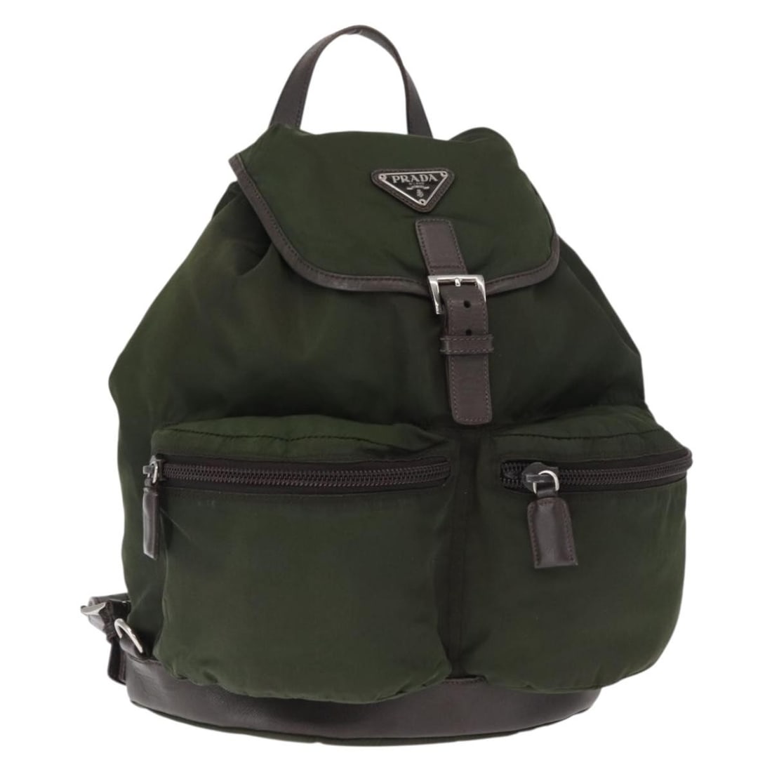 PRADA Khaki Silver Nylon Backpack with Guarantee Card: PRADA Khaki Silver Nylon Backpack with Guarantee Card This PRADA backpack showcases a stylish khaki and silver color combination, crafted from durable nylon. Measuring approximately 11.8 inches in