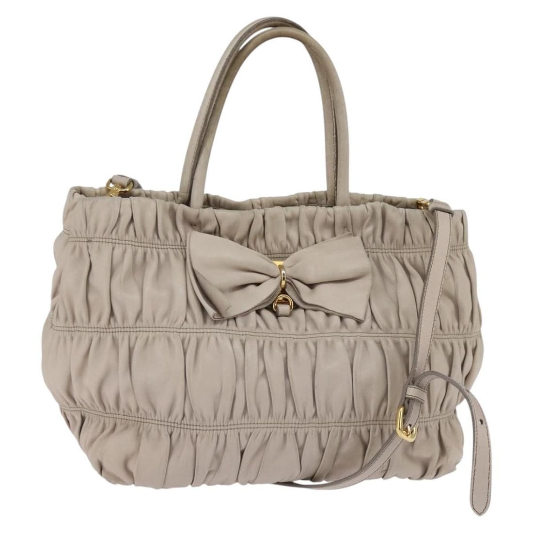 PRADA Gathered Leather Handbag Beige Gold 2way 117 Auth Italy: PRADA Gathered Leather Handbag Beige Gold 2way 117 Auth Italy This elegant PRADA gathered hand bag features a sophisticated blend of beige and gold leather, making it a stylish accessory for any